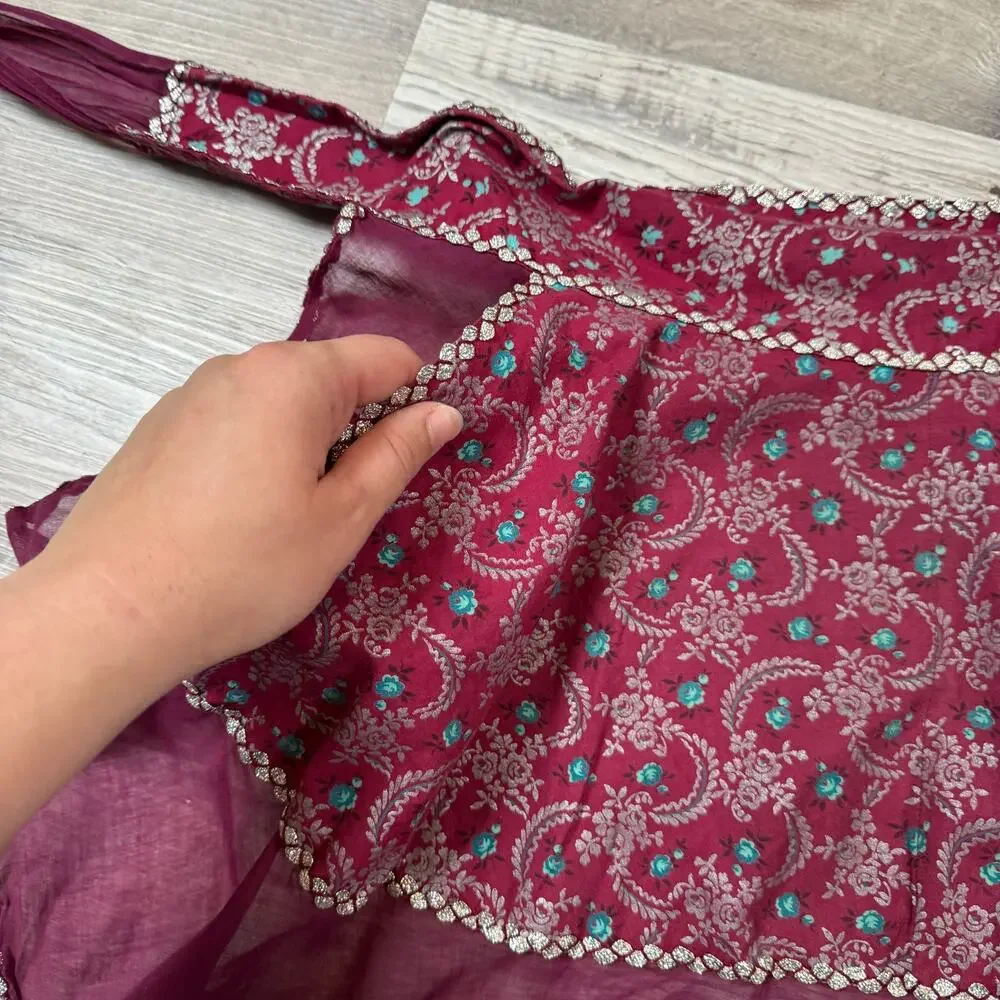 Vintage 70s Indian Gauze Apron Metallic Floral Egg Collecting Cottagecore Boho